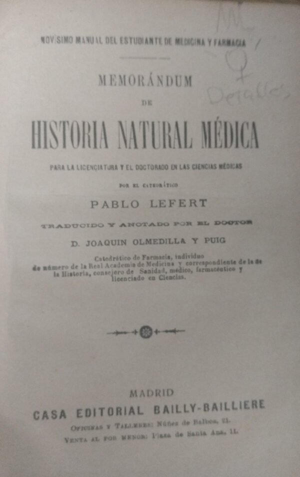 Memorandum De Historia Natural Médica - Pablo Lefert