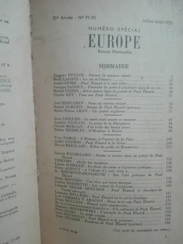 Revue Europe 91-92 Julio-agosto 1953 Paul Eluard  En Francés